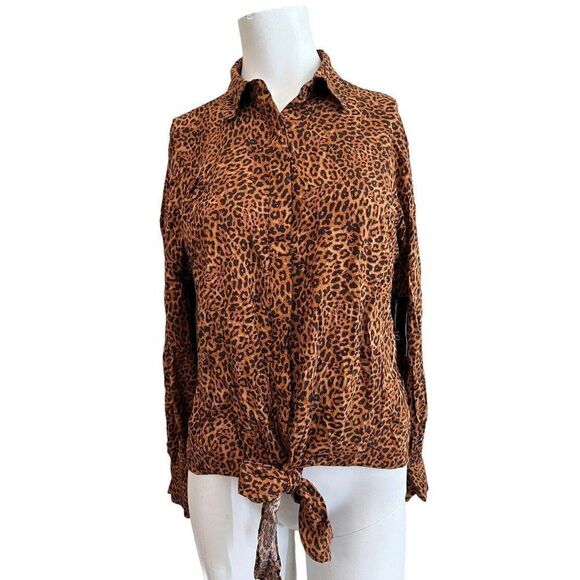 INC International Concepts Ladies M Long Sleeve Cheetah Blouse Ties Button  NWT - Picture 1 of 6